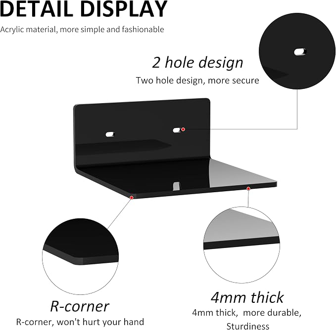 Sezanrpt 6 Inches Acrylic Small Wall Shelves 2 Pack, Floating Shelf for Wall Mounting, Acrylic Display Ledges for Funko Pop Figures, Home Décor, Living Room, Gaming Room, Plants(6 inch, Black) - Image 4