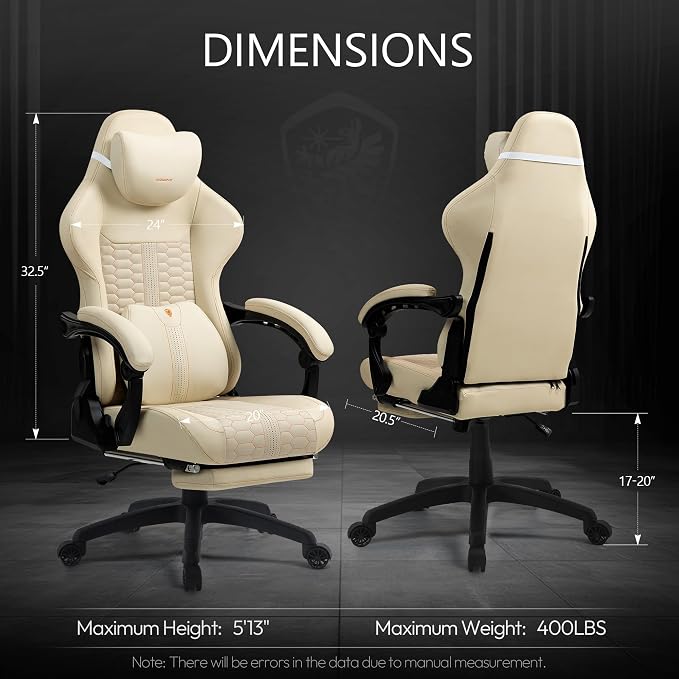 Dowinx Big & Tall Vintage Gaming Chair for Adults, 400 lb Capacity Heavy Duty Ergonomic Computer Chair with Massage Lumbar, Footrest & Easy Side Recline, Beige - Image 2