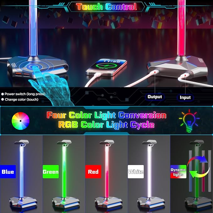 cozoo Desk headset stand Touch RGB Light Stand 4 Color Modes 2 USB Grey | Headphone Stand for Desk with 4 Fixed Colors & RGB Cycle Lighting,Built-in 2 USB2.0 Charging Ports, for Most Gaming Headsets - Image 2