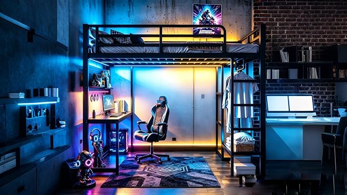 Bellemave Full Size Gaming Loft Bed with Desk, Peg Board, RGB Lights & USB Ports, Metal Full Loft Bed Frame with Storage Shelves & Hanging Rod for Teens Adults, Black - Image 9