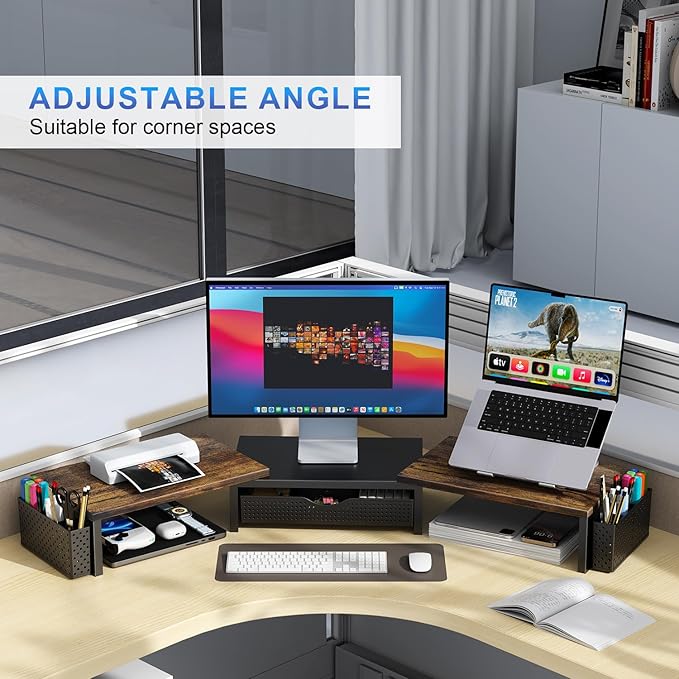 gianotter Dual Monitor Stand Riser With Drawer and 2 Pen Holders | Wood Computer Monitor Stand Desk Organizer and Accessories Desk Shelf for Top of Desk (Wood) - Image 5
