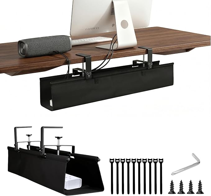 36" Under Desk Cable Management Tray - No Drill Oxford Cloth Cord Organizer with Clamp & Screw Mount - Large Capacity Fabric Cable Holder for Home Office, Gaming Desk & Standing Desk (Black) by Unknown