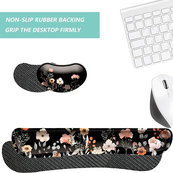 Keyboard Wrist Rest Mouse Wrist Support Set, Memory Foam Wrist Rest Pad for Computer Laptop Keyboard Mouse, Ergonomic Wrist Cushion Support for Typing Pain Relief, Gaming Home Office, Flower Black - Image 4