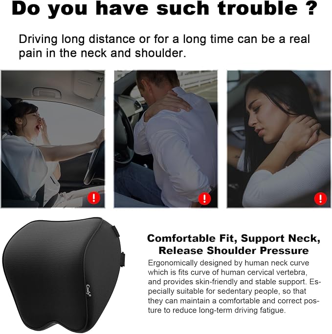 Crofy 2-Pack Car Neck Pillow, Headrest Pillow with Adjustable Strap, Black | Soft Memory Foam; Ergonomic Design Fits Most Car & Office Chairs; Breathable Removable Pillow Cover Is Machine Washable - Image 4