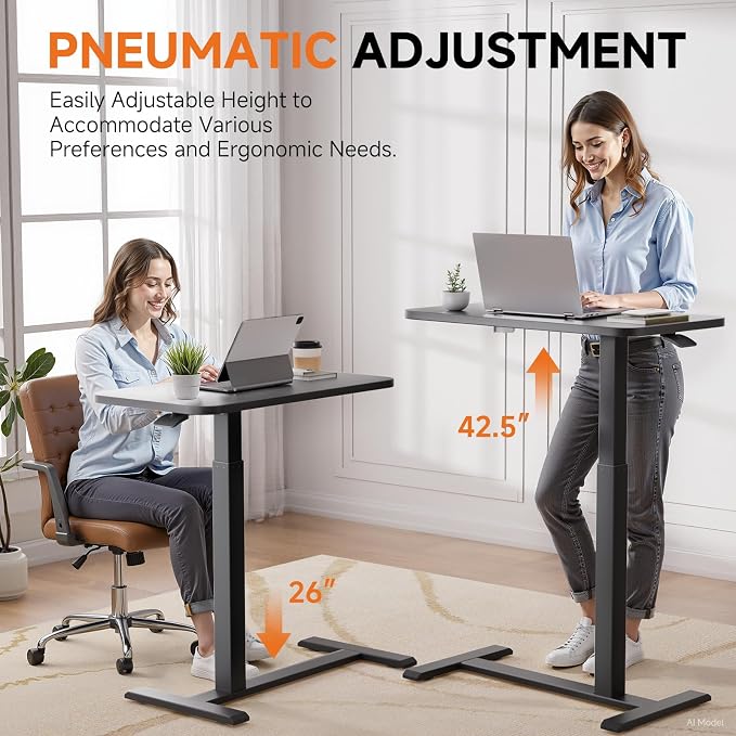 GTPLAYER Small Standing Desk with Hidden Wheels, Pneumatic Mobile Rolling Laptop Desk, Adjustable Height Overbed Bedside Table Computer Workstation for Home Office (28" W x 16" D, Black) - Image 4