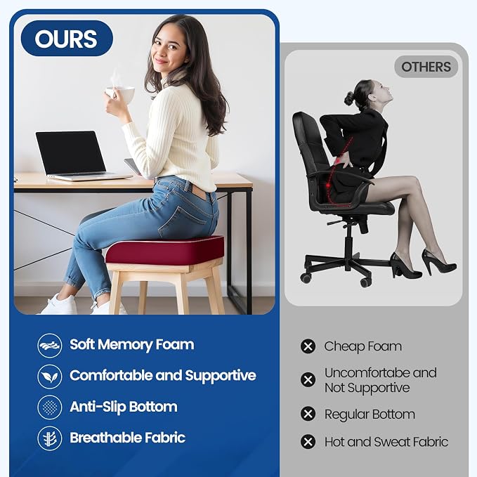 SweetSlubr Seat Cushion, Chair Pad, Memory Foam Tailbone Pain Relief | Office Chair Cushion for Tailbone Pain Relief, Non-Slip Cover, Soft Support for Office Chair, Car Seat, Airplane,X-Large/Red - Image 5