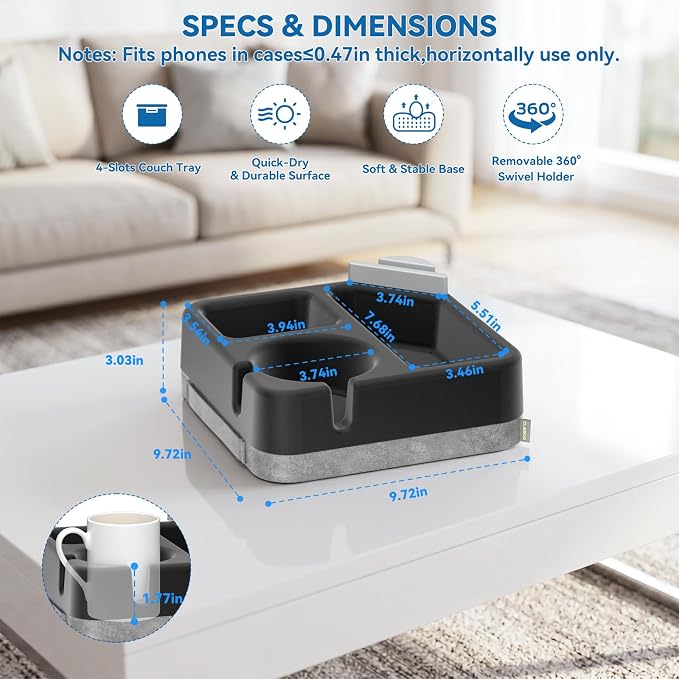 Couch Cup Holder Tray Couch Cup Holder Pillow Soft Sofa Caddy Drink Holder with 3 Compartments &Removable 360°Swivel Phone Stand, Portable Bed Snack Caddy Pillow with Handle for Tablet Controller Grey - Image 6