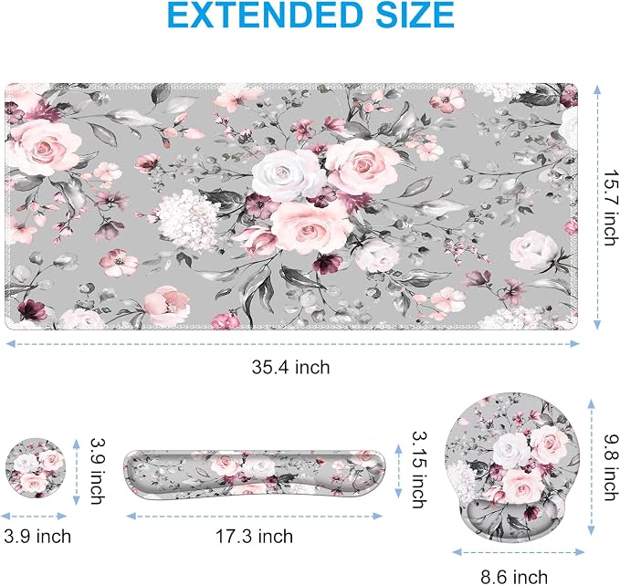 iCasso Desk Blotter for Workspace, Pink Floral 35.4"x15.7" Mousepad - Image 2