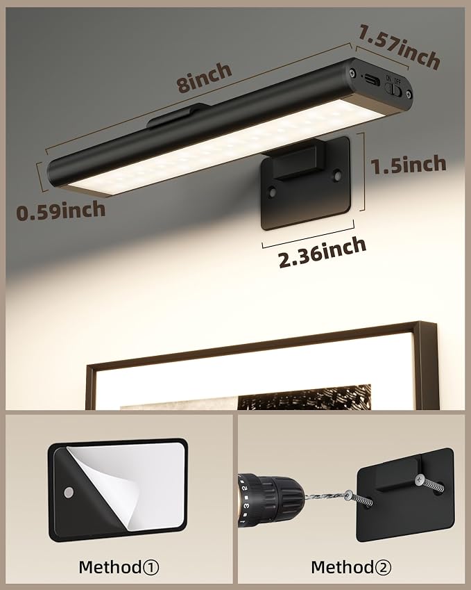 EZVALO Picture Light for Wall, Rechargeable 2400mAh Lights Wireless with IR Remote, 3 Color & Dimmable Magnetic 7.8'' LED Lights Display for Painting, Living Room, Gallery, Bedroom(Black-3P) - Image 2