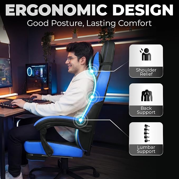 N-GEN GAMING Big & Tall Gaming Chair with Footrest, Lumbar Support, Blue | Ergonomic High-Back Chair for Adults, Padded Wide Seat with Heavy-Duty Base, Reclining Comfort for Computer, Office/Home Use - Image 4