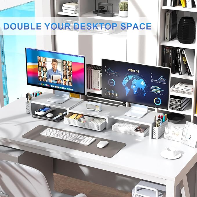 gianotter Dual Monitor Stand Riser With Drawer and 2 Pen Holders | Computer Monitor Stand Desk Organizer and Accessories Desk Shelf for Top of Desk (White) - Image 6