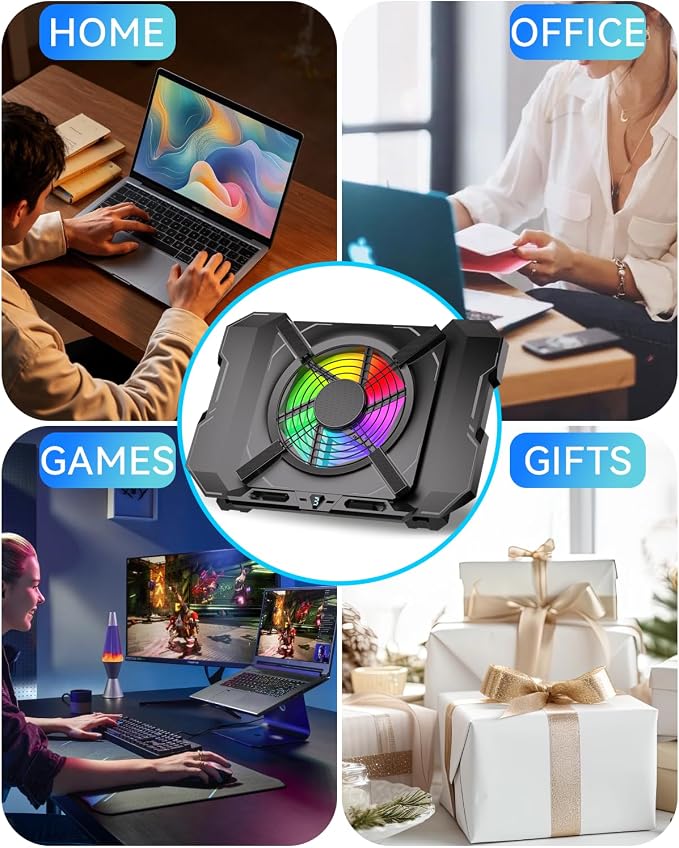 Laptop Cooling Pad, Gaming Laptop Cooler with 7.1 Inch Powerful Fan, RGB Lights & 3-Speed Fan Control & LCD Diamond Design, Height Adjustable Quiet Laptop Cooling Stand for 12"-21" Laptops etc - Image 7