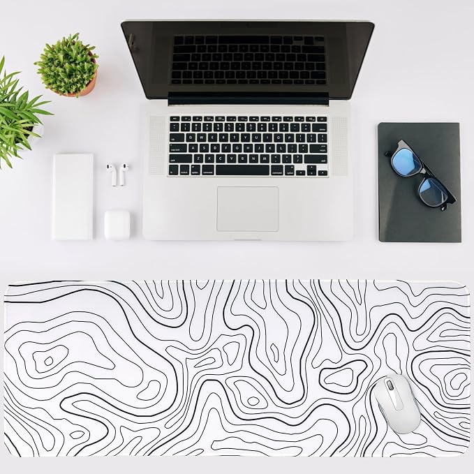 Gaming Mouse Pad Large 31.5 x 11.8in Topographic Keyboard Pad Mouse Pad for Non-Slip Base and Stitched Edge, Extended Desk Pad XL Keyboard Desk Mat (White) - Image 3
