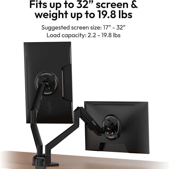 Pixio PS1D Wave Black Dual Monitor Arm Stand Desk Mount - Fits up to 32 inches Monitors and up to 19.8lbs. VESA Compatibility and Integrated Cable Management - Image 2