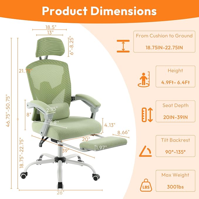 Home Office Desk Chair, Comfortable Mesh Chair with Foot Rest, Light Green | Reclining Gaming Chair with Headrest and Lumbar Support, 90°-130° Reclining, Silent Swivel - Image 2