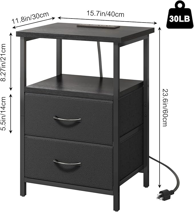 Fixwal Night Stand with Charging Station, 2 Fabric Drawers, Black - Image 3
