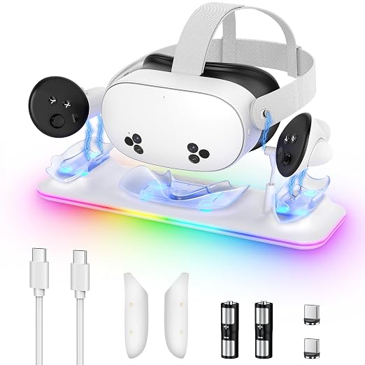 Charging Dock for Meta Quest 3S/3, Kinwin Magnetic Charging Station for Oculus Quest 3S/3 Accessories with RGB Light, Charging Stand for VR Headset & Controller with 2 Rechargeable Batteries (White) by Kinwin