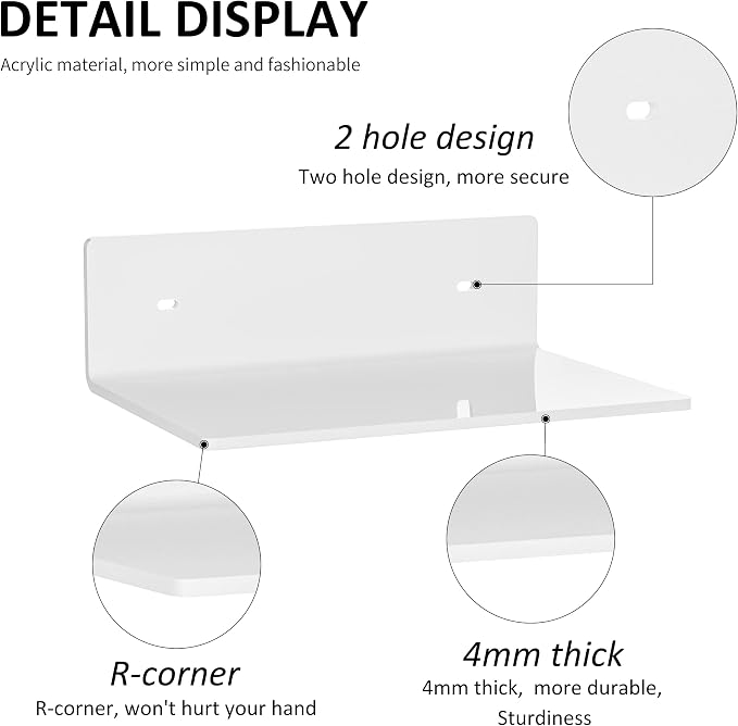 Sezanrpt 9 Inches Acrylic Wall Shelves 2 Pack, Floating Shelf for Wall Mounting, Acrylic Display Ledges for Funko Pop Figures, Home Décor, Living Room, Gaming Room, Plants(9 inch, White) - Image 4