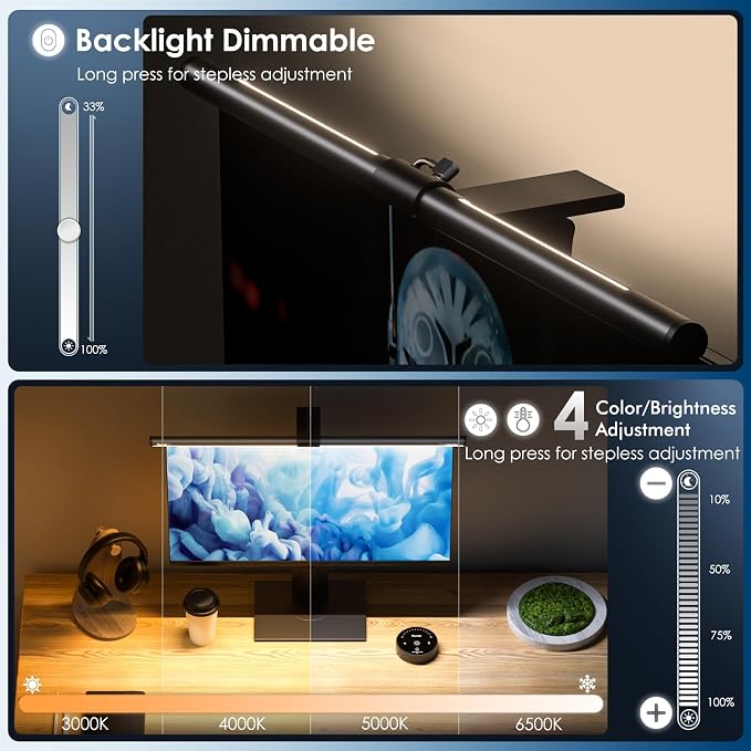 Quntis Monitor Light Bar with Remote, 20.1'' Dual Light Screen Light Bar, Sliding Weighted Clip Fit for All Screens, Adjustable Stepless Dimming, Eye Caring No Glare Gaming Work Desk Lamp, Gray - Image 5
