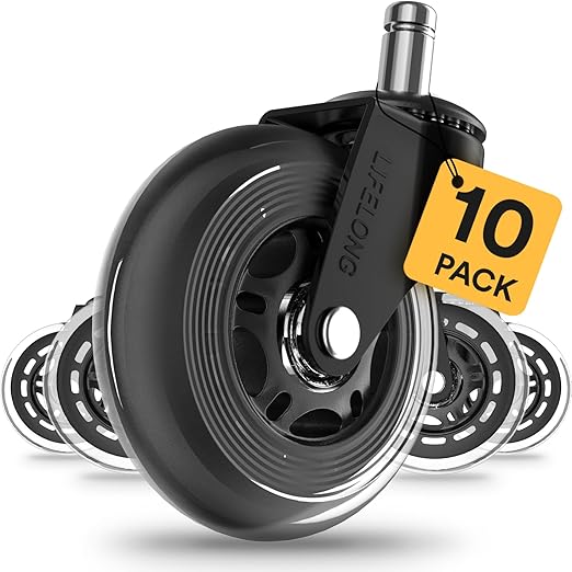 Lifelong Office Chair Wheels Replacement, Heavy Duty, 10 Pack Fits 98% | Original Rubber Caster, Desk Wheels, Smooth & Quiet, Safe for Hardwood Floors & Carpet, Replace Office Chair Mats by LIFELONG