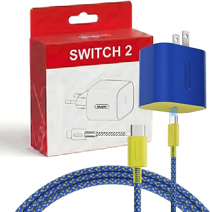 Switch 2 Charger - 60W AC Adapter (Blue & Yellow), 6.6FT Fast Charging Cable, Supports 4K TV Dock Mode, 20V/3A Power Supply for Nintendo Switch/OLED/Lite & Steam Deck by TPC