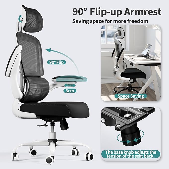 TRALT Office Chair Ergonomic Desk Chair - Gaming Chair with Lumbar Support | 330 LBS Home Office Desk Chairs with Headrest, Reading Chair with Flip-up Armrests, Comfortable Computer Chairs (1, Black) - Image 6