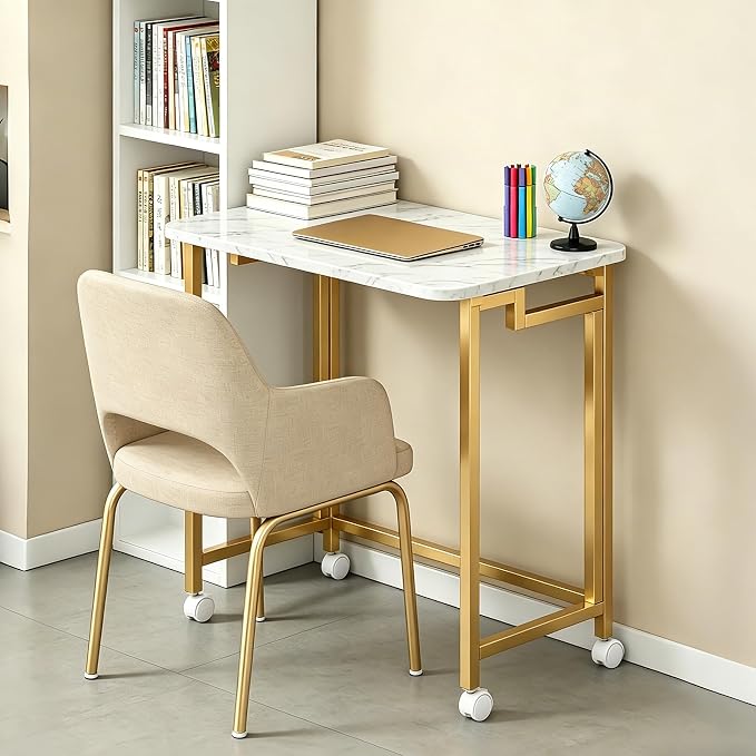 JSB Folding Desk for Small Spaces,Mobile Portable Rolling Laptop PC Table on Wheels,Foldable Computer Desk for Home Office,Bedroom,Dorm,Space Saving (White&Gold, 23.6") - Image 6