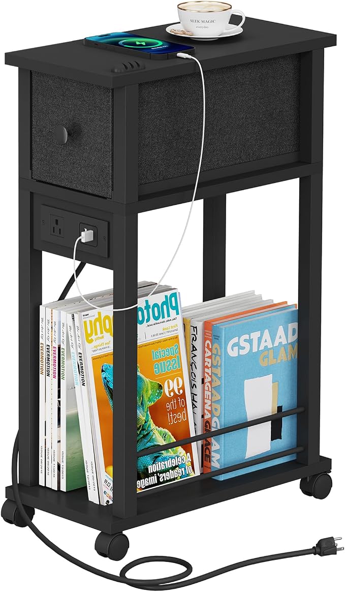 Small Rolling Side Table, Narrow Side Table with Charging Station & Drawer - Image 5