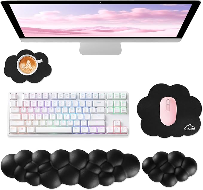 Sushret Cloud Wrist Rest for Computer Keyboard and Mouse Pad Set, Black | Memory Foam, Leather, 4-in-1 Cloud Keyboard Wrist Rest Set with Ergonomic Support for Arm and Palm Cushion, Gaming/Work Setup by Sushret