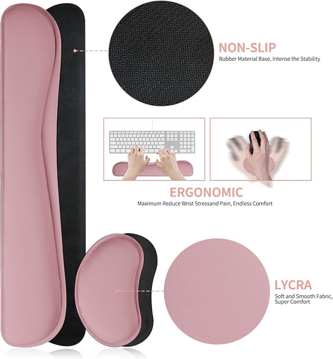 Mouse Pad and Keyboard Wrist Rest, 3-in-1 Keyboard and Mouse Pad | 35.4" x 16.9" Dusty Pink Desk Mat Set,Ergonomic Wrist Rest for Computer Keyboard, Non-slip Base, Waterproof Computer Mat - Image 4