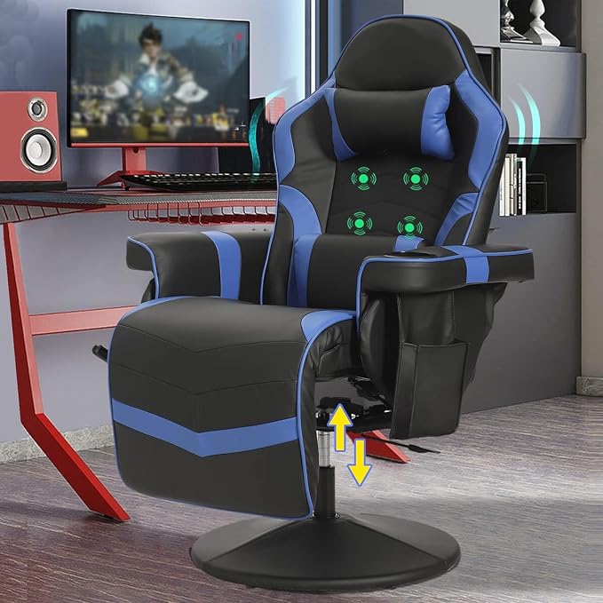 LVUYOYO Reclining Gaming Chair, Massage Gaming Chairs for Adults, High Back PU Leather Game Recliner w/Adjustable Height, Swivel Game Chair with Lumbar Support, Cup Holder, Headrest - Image 2