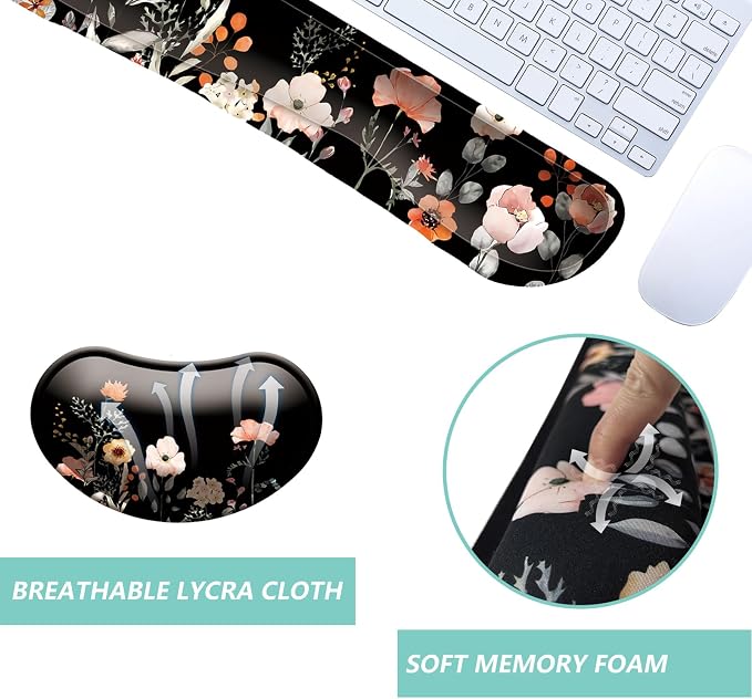 Keyboard Wrist Rest Mouse Wrist Support Set, Memory Foam Wrist Rest Pad for Computer Laptop Keyboard Mouse, Ergonomic Wrist Cushion Support for Typing Pain Relief, Gaming Home Office, Flower Black - Image 3