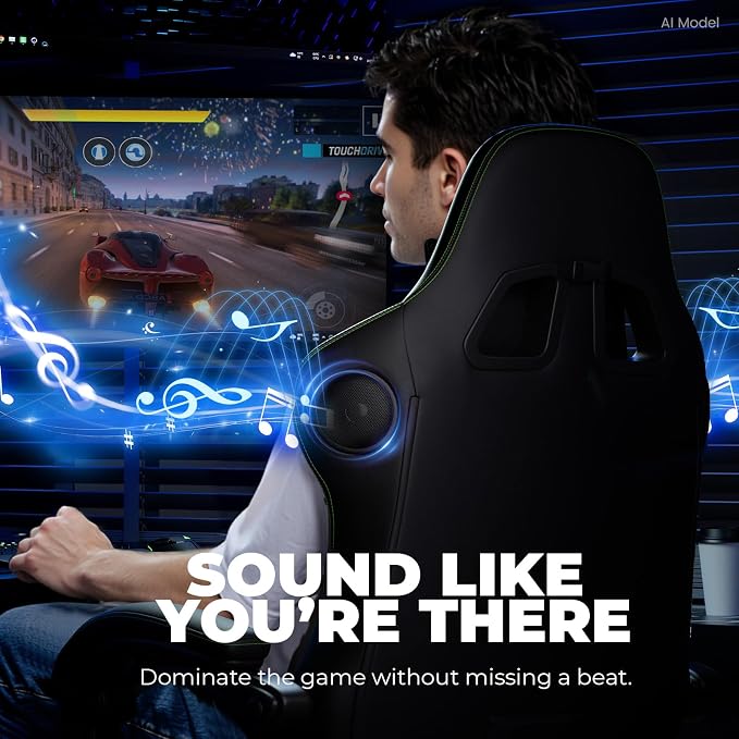 GTPLAYER ACE-PRO Music Gaming Chairs – Built-in Speakers, App Support & Bluetooth Control, Computer Game Chairs with Footrest for Adults, Ergonomic, Reclining, Linkage Armrest, Black & Green Stitch - Image 5