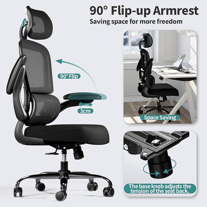 TRALT Office Chair Ergonomic Desk Chair - Gaming Chair with Lumbar Support | 330 LBS Home Office Desk Chairs with Headrest, Reading Chair with Flip-up Armrests, Comfortable Computer Chairs (5, Black) - Image 6