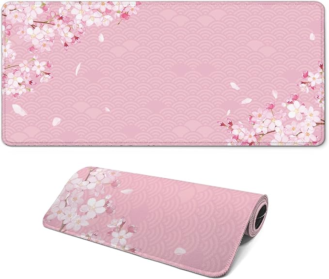 Gaming Mouse Pad with Anti-Slip Rubber Base, Extended Large Computer Mouse Mat with Stitched Edges, Long XL Anime Mousepad for Laptop and Keyboard, 31.5 x 11.8 inch (Pink Cherry Blossom) by Unknown