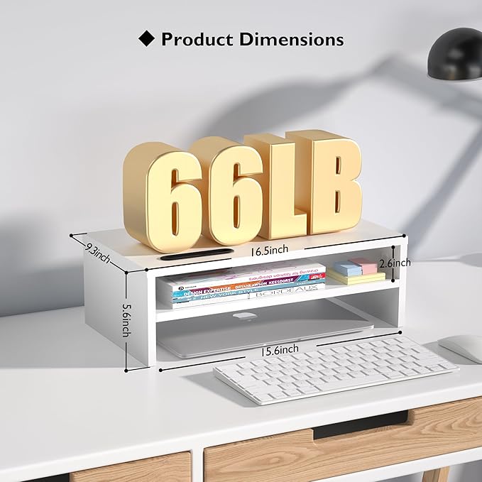 BONTEC Wooden Monitor Stand Riser for Desk, 2-Tier Computer Monitor Stand | 66 lbs Desk Shelf Organizer with Storage, Laptop & Printer Stand with Phone Holder and Cable Management, White, 16.5 Inch - Image 5