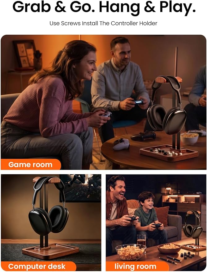 LOXP Wooden Headphone Holder, Solid Stand with Non-Slip and Storage Base | Anti-Rust Gravity Arm, Hardwood Earphone Hanger for Desk, Universal Fit for Gaming Headsets, Studio Headphones - Image 6