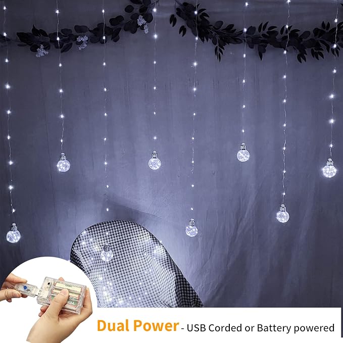YOLIGHT Wishing Ball Curtain Lights 200 LED Window Curtain String Lights with Remote, USB Battery Powered Twinkle Globe Fairy Lights for Wedding Party Bedroom Halloween Christmas Decoration (White) - Image 2