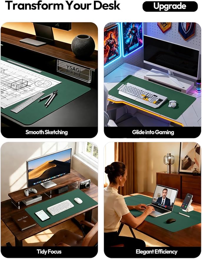 YSAGi Leather Desk Pad Protector, Office Desk Mat, Large Mouse Pad, Non-Slip PU Leather Desk Blotter, Laptop Desk Pad, Waterproof Desk Writing Pad for Office and Home (Seafoam Green, 23.6" x 13.8") - Image 2