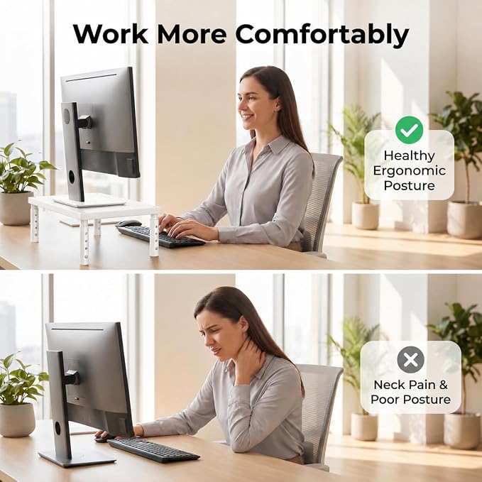 OPNICE Adjustable Monitor Stand Riser for Desk, Wood Computer & Laptop Stand, Desk Organizers and Accessories, Office Desk Accessories & Workspace Organizer for Home Office Supplies, White - Image 6