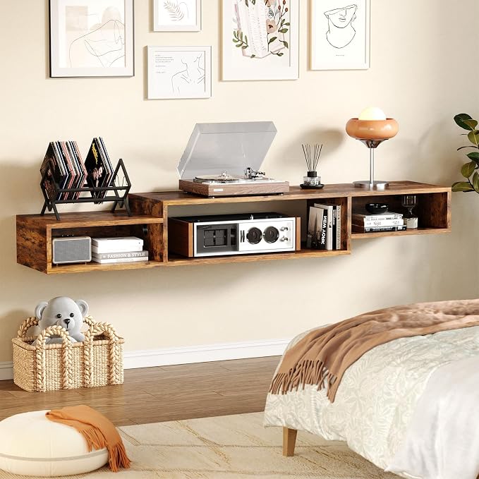 59 Inch Floating TV Stand, Wall Mounted Entertainment Center, Rustic Brown - Image 7