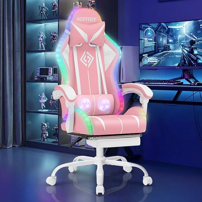 Pink Gaming Chair with RGB LED Lights Massage Computer Chairs for Girls | High Back Video Game Chair with Footrest & Adjustable Lumbar Support Ergonomic Gamer Chairs for Women Racing Style Recline by Vanspace