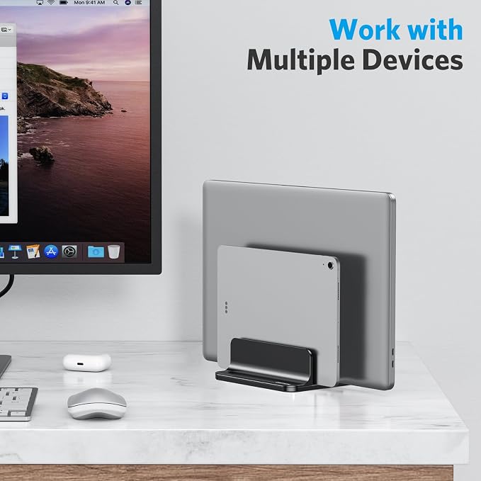 OMOTON Dual Vertical Desk Laptop Stand Holder, Fits MacBook Air/Pro, Black - Image 8
