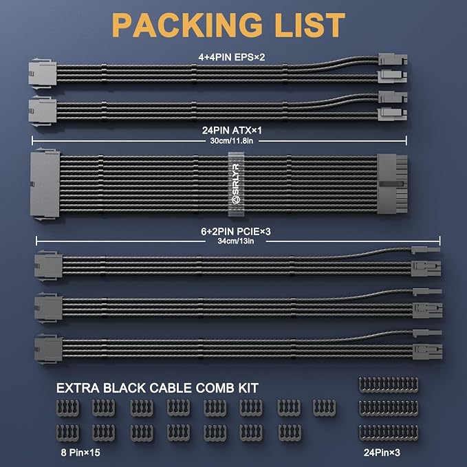 Sirlyr PSU Cable Extension Kit – 16AWG Power Supply Cables (1x 24Pin ATX / 2X 8Pin EPS / 3X 8Pin PCIE), 13in Gold-Plated GPU Extensions, Pre-Bent Design & Dual Cable Combs (Black Nylon Braided) - Image 7