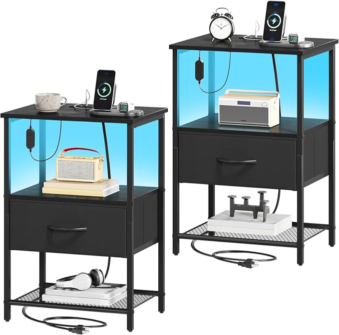 Somdot Nightstand Set of 2 with Charging Station & LED Light, Bedside Table by Somdot