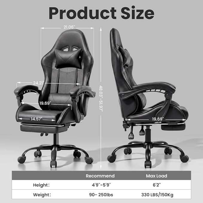 Gaming Chair, Ergonomic Footrest, Lumbar & Headrest(Black) | Steel frame, PVC leather & memory foam; 330 lb; 21" seat; 360° swivel, 90–155° recline; easy assembly; gaming & work - Image 3