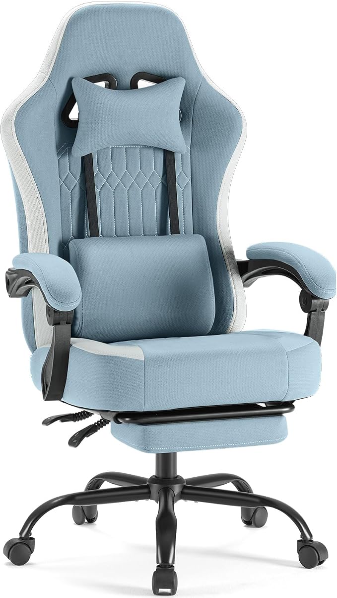 DUMOS Ergonomic Gaming Chair with Footrest, Video Game Chairs | Comfy Lumbar Support, Linkage Armrests, Tech Fabric, Pocket Spring Cushion, Office, Adults Students, Blue by DumosLifestyle