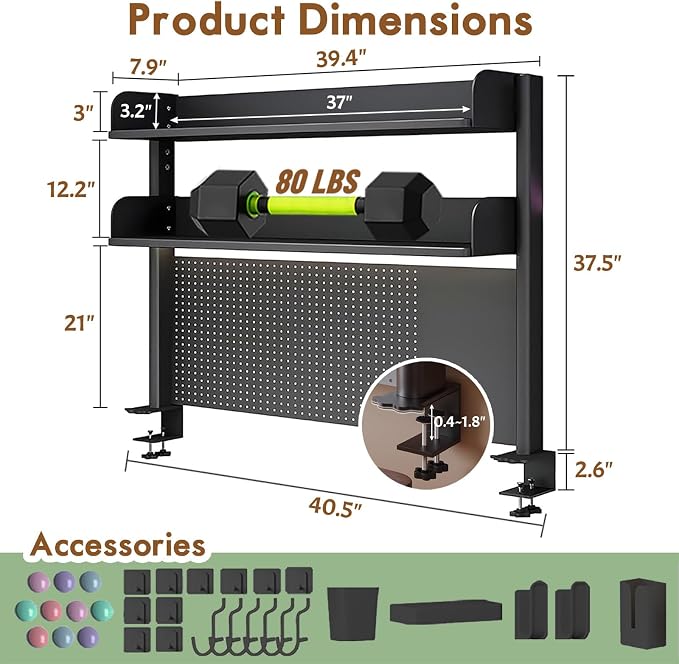 Clamp On Desk Shelf Organizer with Pegboard Desk Hutch Dorm with Storage Bookshelf Desk Top Organizer Shelf Multi-Purpose White & Black Desktop Shelves & Office Shelves (Black, W - 39.4") - Image 2