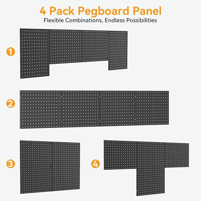 Black Peg Board Wall Organizer, Heavy Duty 4-Panel Pegboard, Each 16" X 12" Metal Peg Wall, Peg Board Garage Organization, Pegboards For Wall, Tool Storage, Office Organization, Craft Room - Image 8