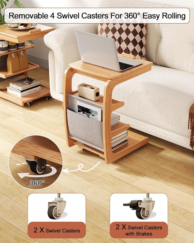 AQIMUELE Wooden C-Shaped End Table,Couch Desk with 2 Lockable Wheels,4-Tier Couch Table with Storage Bag,Small Rolling Side Table Tv Trays for Couch, Living Room,Bedroom (Natural) - Image 3